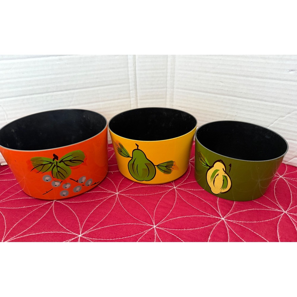 Vintage Nesting Bowls Set of 3 Fruit Motif Orange Yellow Green Mid Century Style